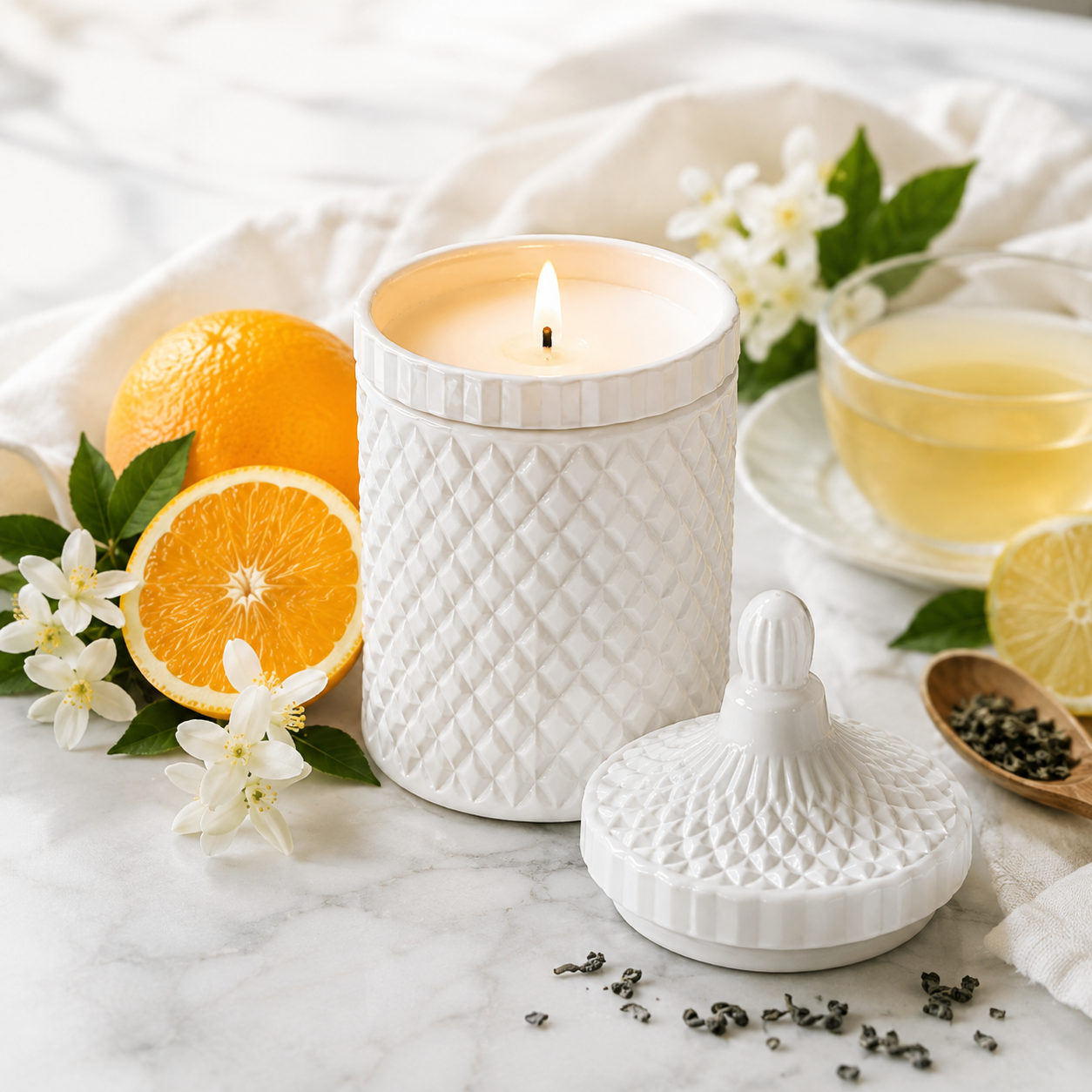 CUP OF TEA Luxury Candle White Tea Scent Calming Relaxing
