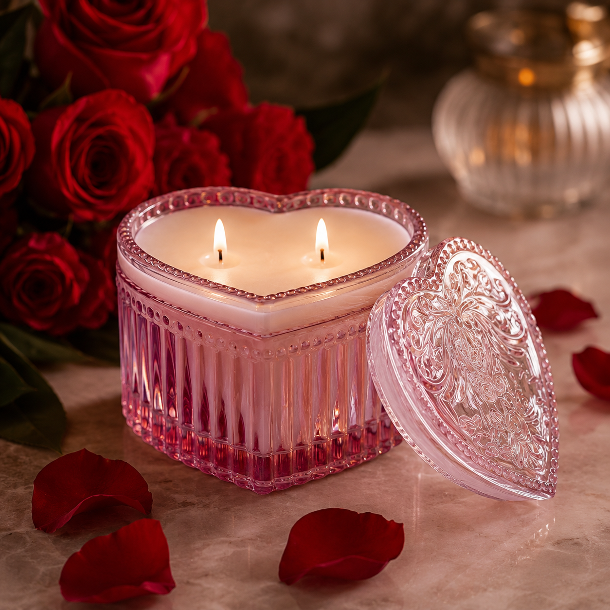 Dozen Roses Scent Luxury Candle Heart Shape Glass Reusable Container